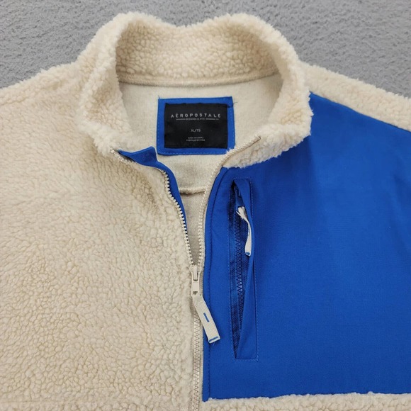 Aeropostale Jacket Mens XL Tan Blue Pockets Full Zip Preppy Sherpa Colorblock - Picture 2 of 11